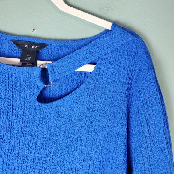 Ali Miles Womens Blue Bell Sleeve Asymmetrical Hem Cutout Tunic Top Size XL - Picture 4 of 7